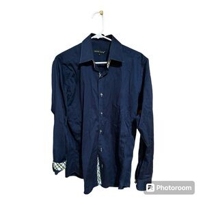 Jared Lang Button Down Navy Dress Shirt. Yellow‎ Plaid Contrast Trim. Medium.
